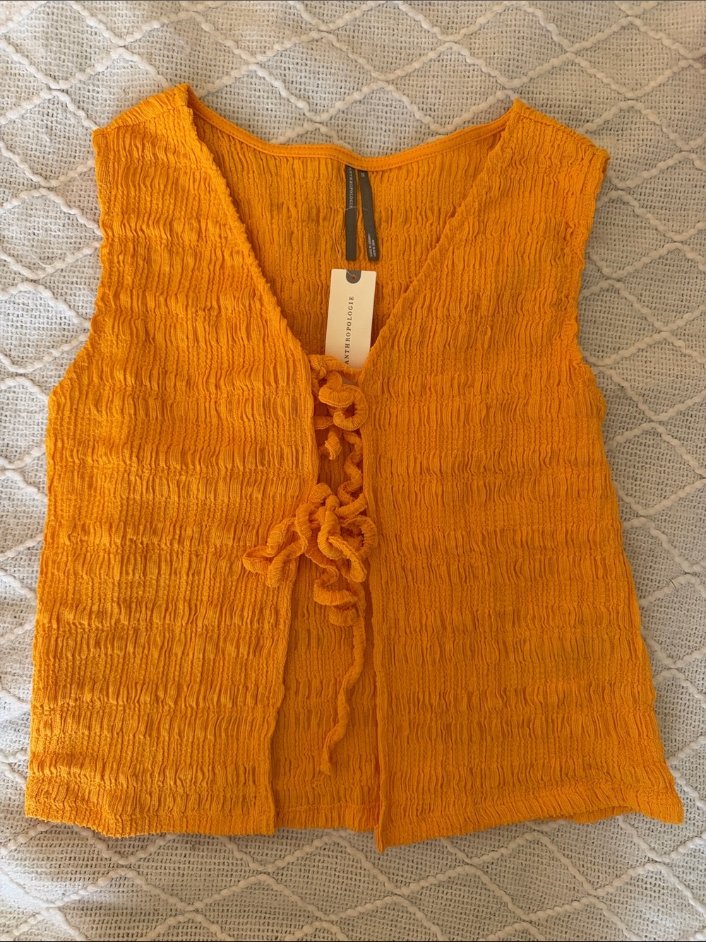 Anthropologie Orange Crinkle Tie-Front Sleeveless Top